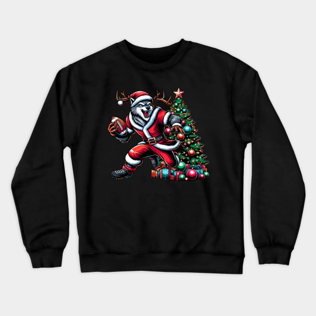 Funny Santa Wolf Play Football, Christmas Tree Crewneck Sweatshirt by Origami Fashion